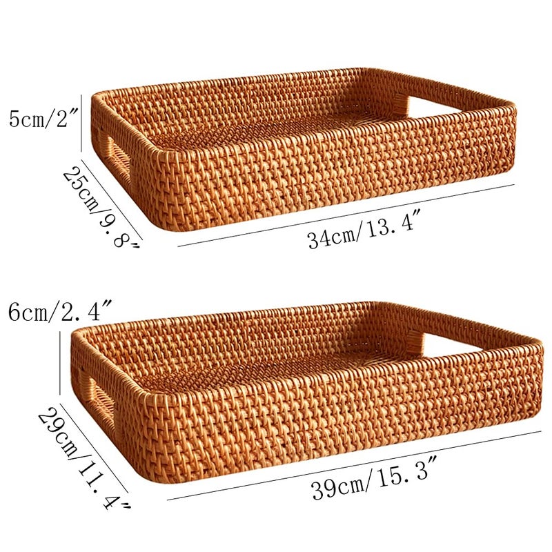 i-lan 2 Pack Natural Rattan Serving Trays with Handles â€“ Handwoven Rectangular Wicker Baskets for Food, Bread, Fruit | Decorative Storage & Table Organizer with 2-Inch Wall (Small + Large) - Image 2